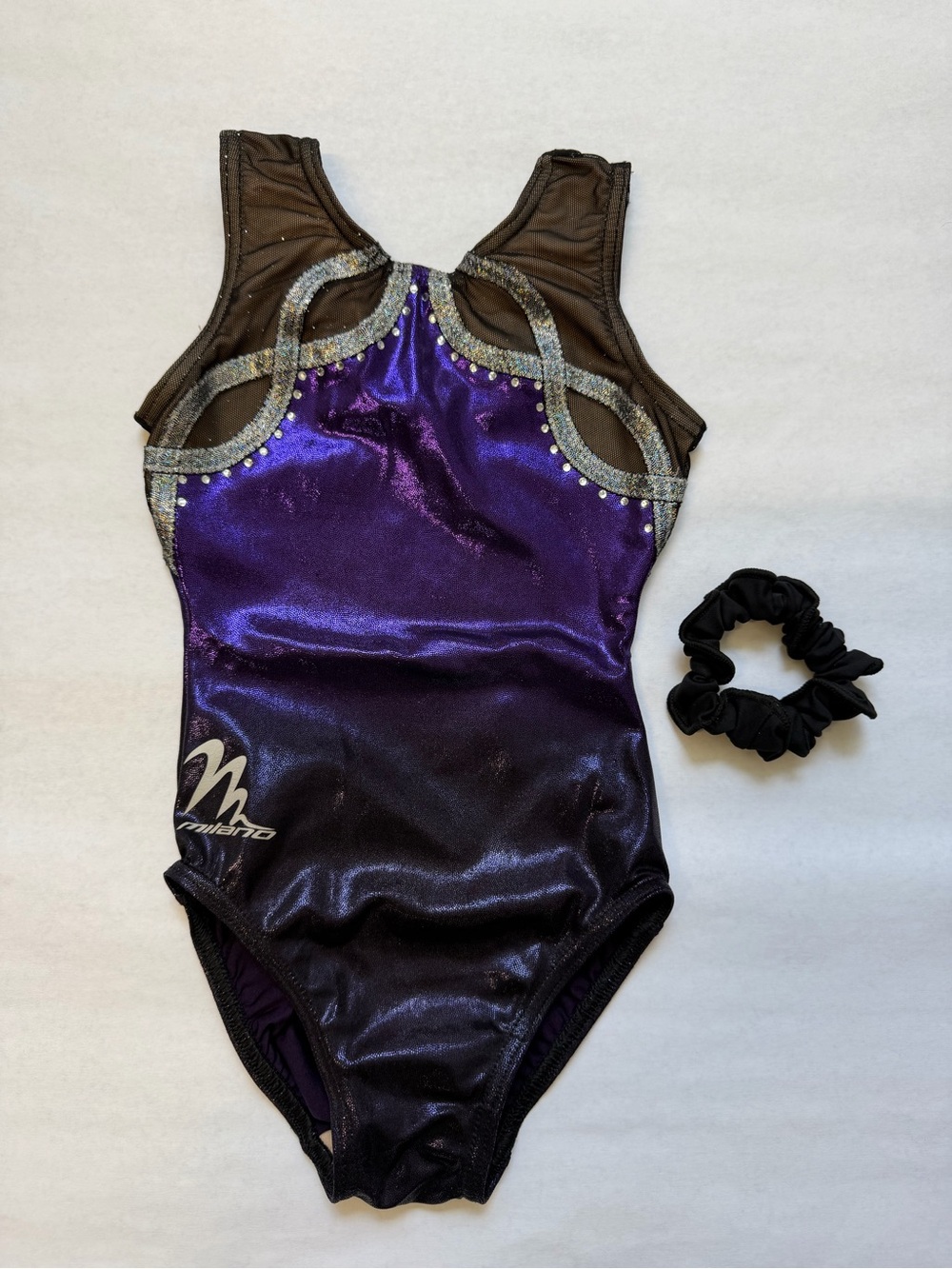 Size 5 / 6 Milano Purple & Black Ombré Metallic Gymnastics Leotard w/ Scrunchie
